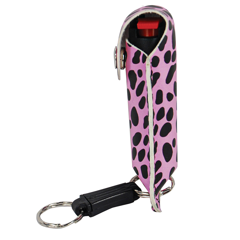Pepper Shot 1.2% MC 1/2 oz pepper spray fashion leatherette holster and quick release keychain cheetah black/pink view 4